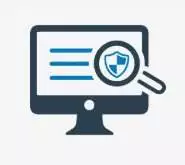 A computer monitor with text lines and a magnifying glass over a shield, representing hyperlocal digital marketing security for Pune agencies. - IPSense.com