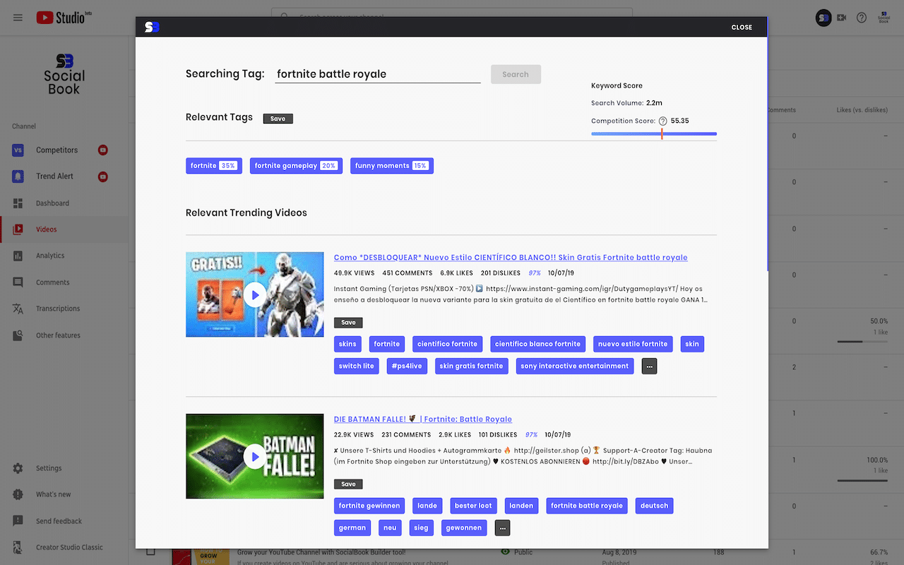 A website interface for a Hyperlocal Digital Marketing Agency in Pune showing keyword search trends and top Fortnite videos with tags and scores. - IPSense.com