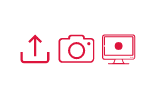 Three red icons—upload arrow, camera, and monitor—representing a hyperlocal digital marketing agency in Pune on a white background. - IPSense.com