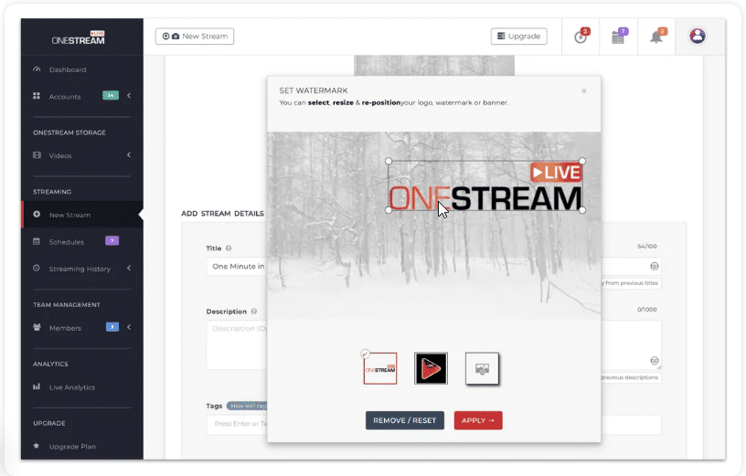 A computer displays a OneStream watermark editing window, highlighting tools used by a Pune-based Hyperlocal Digital Marketing Agency for live streaming. - IPSense.com