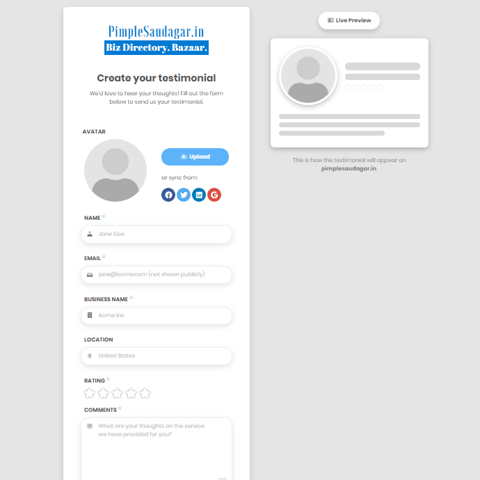 Testimonial form page for a Hyperlocal Digital Marketing Agency in Pune, featuring input fields and a testimonial preview on the right-hand side. - IPSense.com