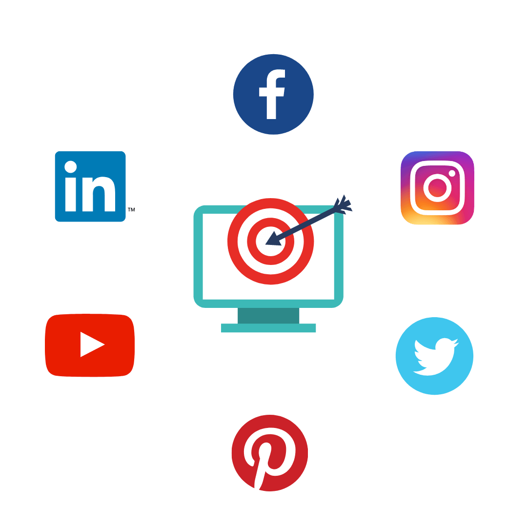 A computer monitor with a target and arrow is surrounded by social icons, highlighting a hyperlocal digital marketing agency based in Pune. - IPSense.com