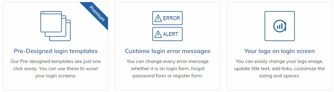 Three boxes showing icons for login templates, error messages, and custom logos—perfect for a Hyperlocal Digital Marketing Agency in Pune. - IPSense.com
