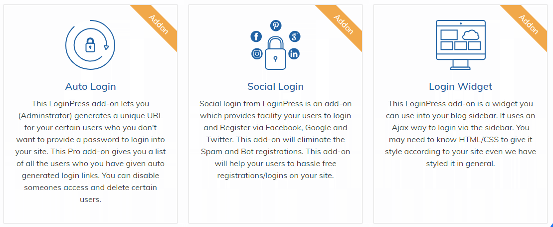 Highlighting a hyperlocal digital marketing agency in Pune, the page showcases three boxes on LoginPress add-ons: Auto Login, Social Login, Login Widget. - IPSense.com