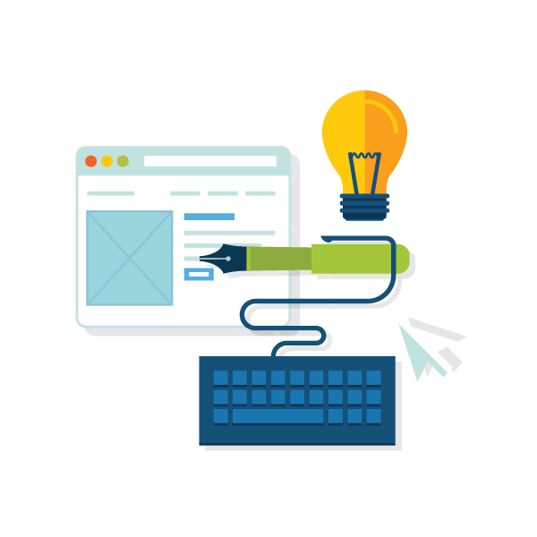 Illustration of a computer screen, pen, keyboard, and light bulb representing creative strategies for a hyperlocal digital marketing agency in Pune. - IPSense.com