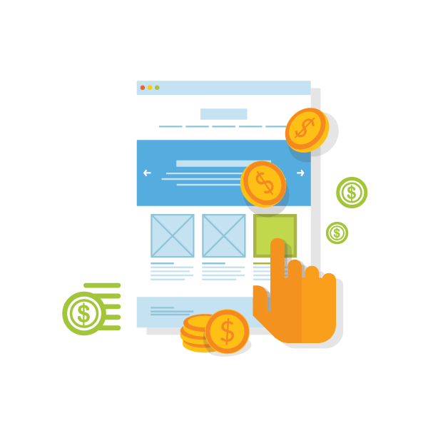 Illustration of a website page with coins and a hand clicking a green button, highlighting a hyperlocal digital marketing agency in Pune. - IPSense.com