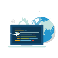A laptop with vibrant code lines before a globe and gear, representing a top Hyperlocal Digital Marketing Agency in Pune focused on local impact. - IPSense.com