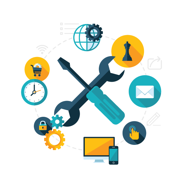 Illustration of crossed tools with icons for tech, security, email, and shopping, highlighting a top Hyperlocal Digital Marketing Agency in Pune. - IPSense.com