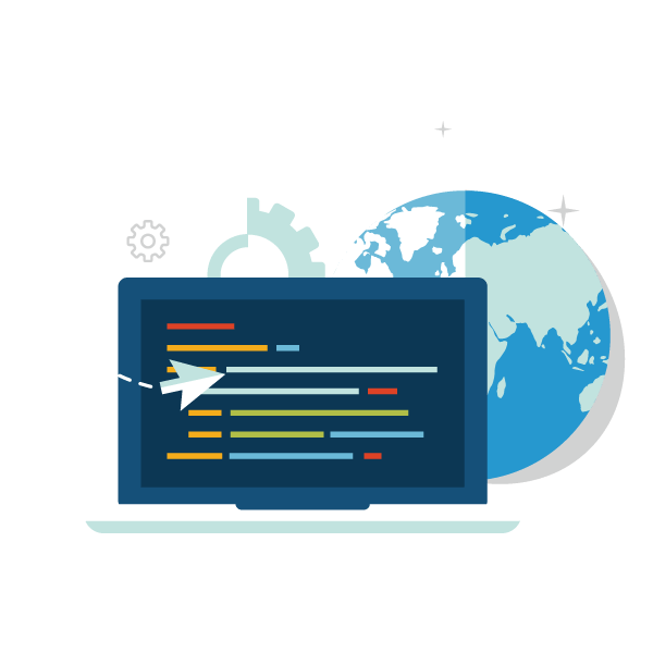 A laptop with vibrant code lines before a globe and gear, representing a top Hyperlocal Digital Marketing Agency in Pune focused on local impact. - IPSense.com